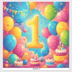 Pegatina Celebración Colorida del 1er Cumpleaños con Globos