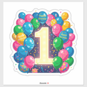 Pegatina Celebración Colorida del 1er Cumpleaños con Globos