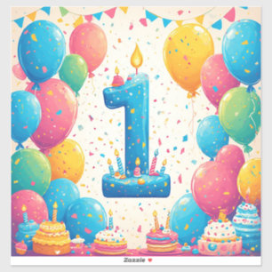 Pegatina Celebración Colorida del 1er Cumpleaños con Globos