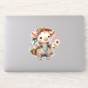 Pegatina Cerdito Pastel Adorable en Overoles Cottagecore