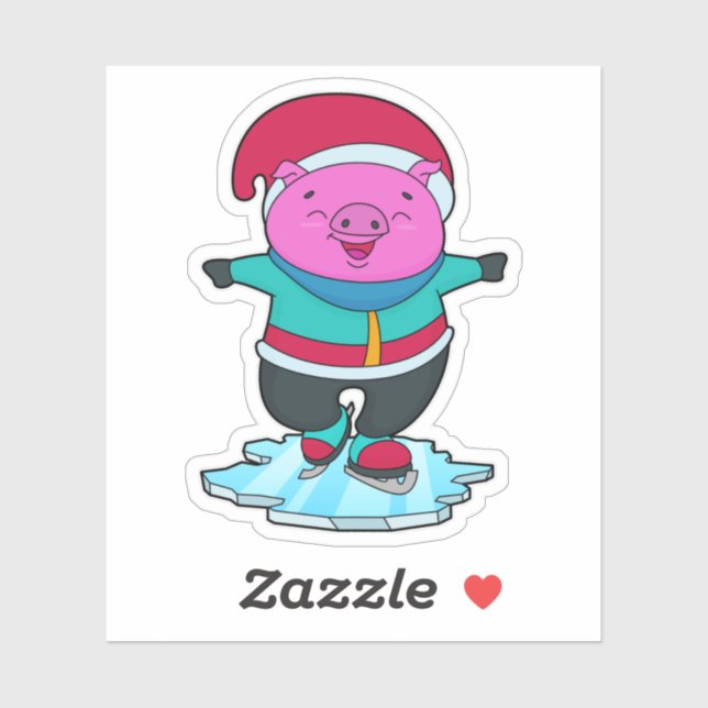 Pegatina Cerdo en patinaje sobre hielo con patines de hielo (Hoja)