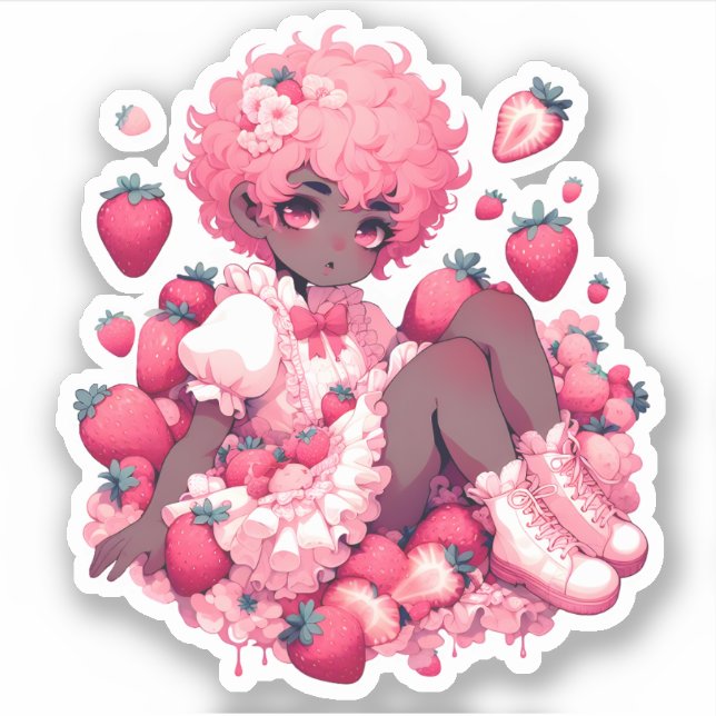 Pegatina Cereza de fresa cariño: Femboy de piel oscura (Anverso)