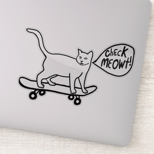 Pegatina ¡CHECK MEOWT! Cuidado Skateboarding Cat Blanco Neg (Detalle)