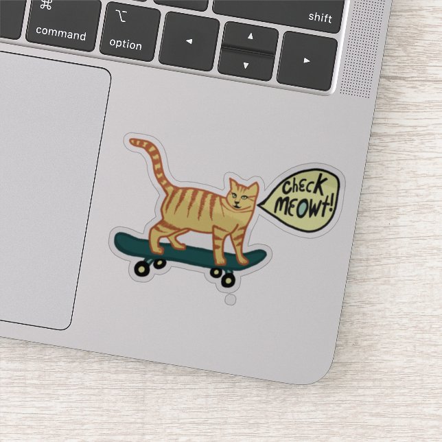 Pegatina ¡CHECK MEOWT! Cuto Skateboarding Tabby Cat (Detalle)