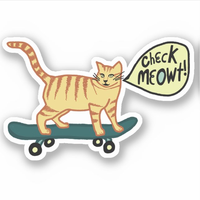 Pegatina ¡CHECK MEOWT! Cuto Skateboarding Tabby Cat (Anverso)