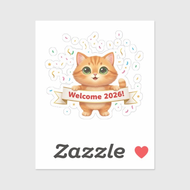 Pegatina Cheerful Cat with New Year Banner Welcome 2026  (Hoja)