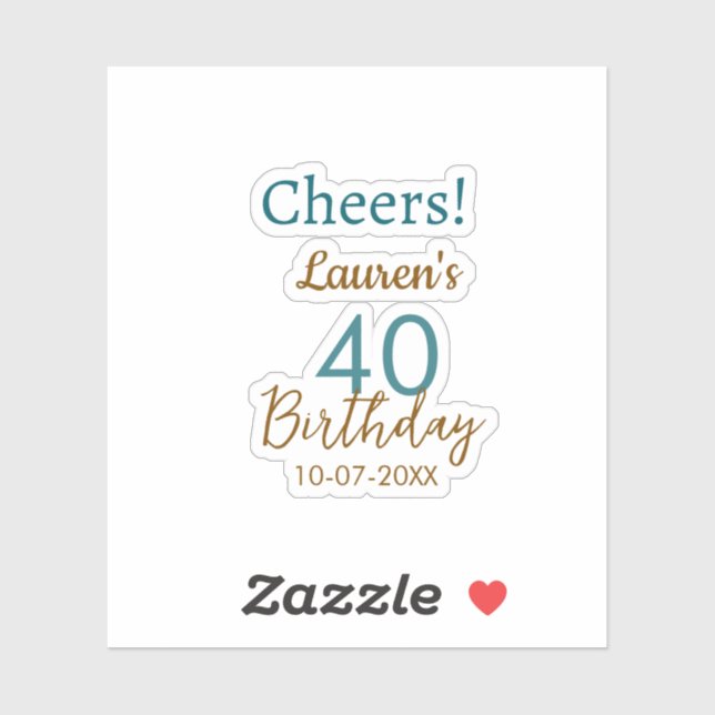 Pegatina Cheers 40th birthday name date brown turquoise sim (Hoja)