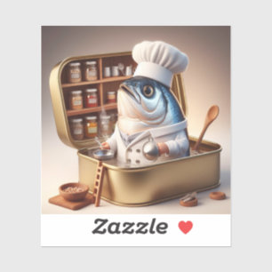 Pegatina Chef de sardinas Kawaii dentro de una cocina dimin