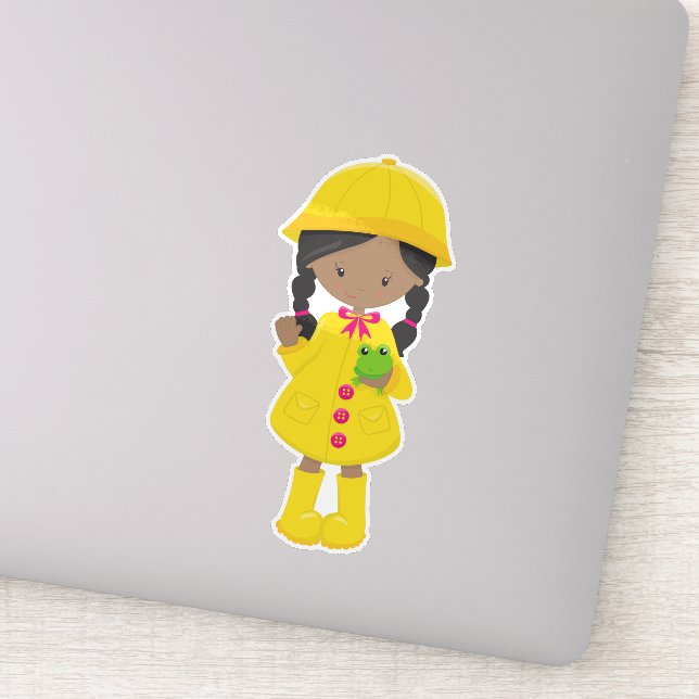 Pegatina Chica afroamericano, Raincord, lluvia, botas, rana (Detalle)