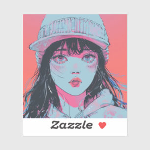 Pegatina Chica Anime Pastel con Arte de Gorro