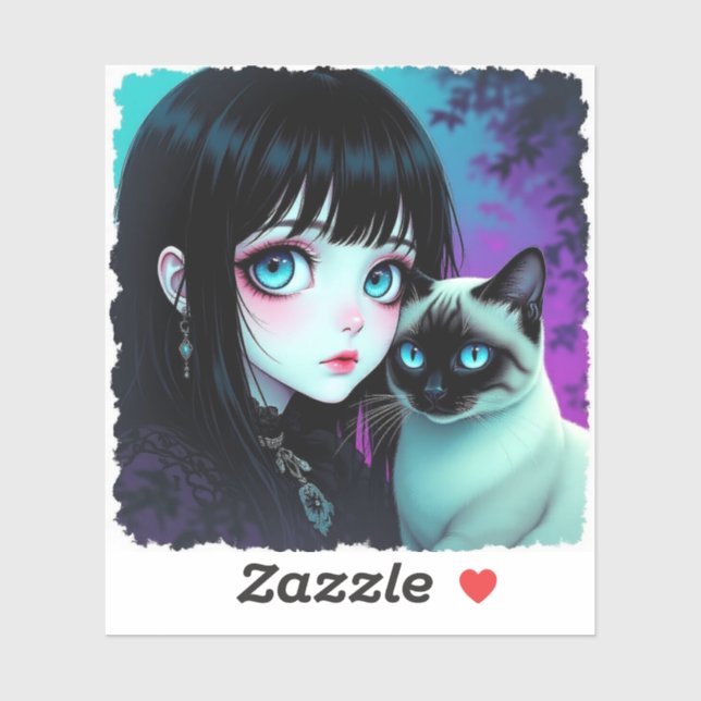 Pegatina Chica Anime y Gato Siamés (Hoja)