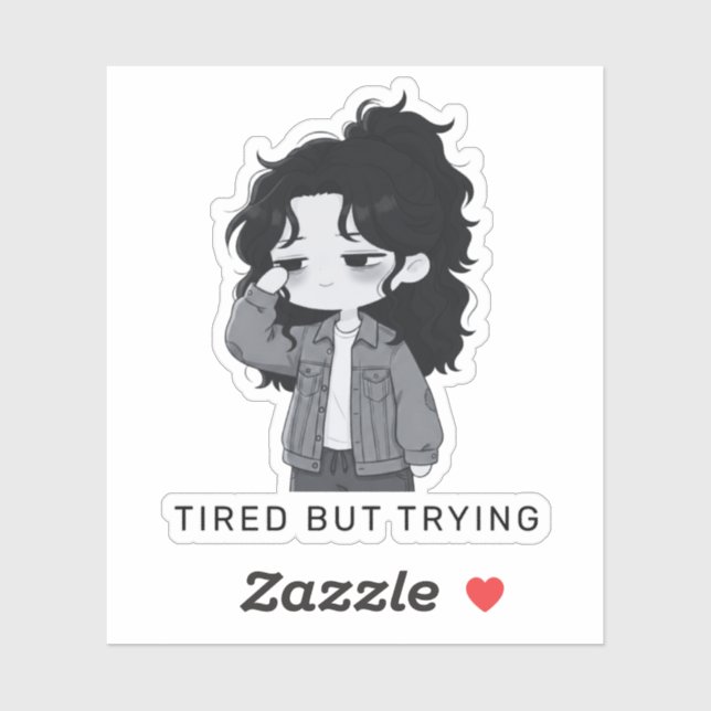 Pegatina Chica Chibi Cansada Pero Intentándolo (Hoja)