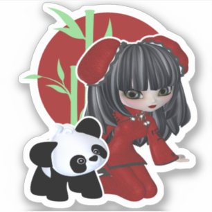 Pegatina Chica Chino Con Panda Y Bambú
