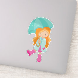 Pegatina Chica Con Paraguas, Chica En Lluvia, Cabello Naran