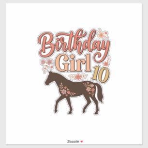 Pegatina Chica Cumpleaños 10 Caballo Diseño Vectorial Flora