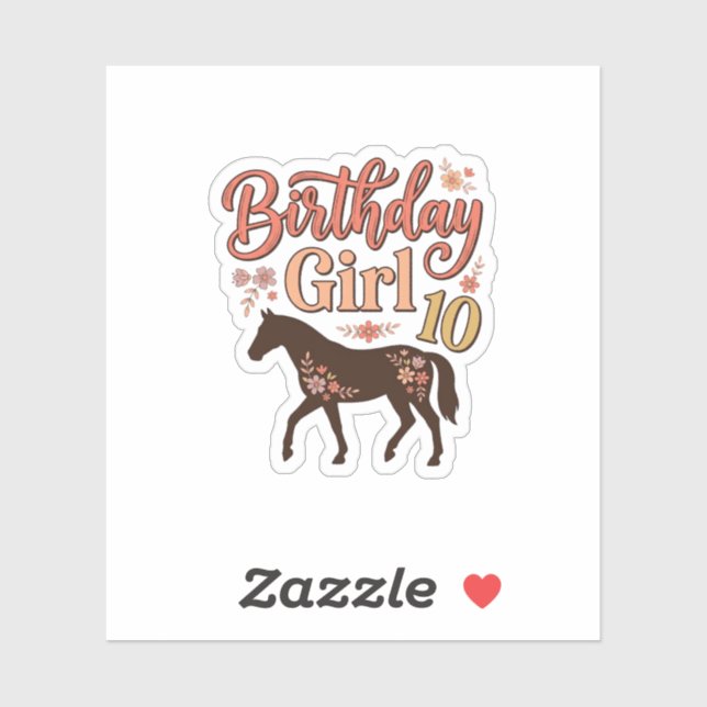Pegatina Chica Cumpleaños 10 Caballo Diseño Vectorial Flora (Hoja)
