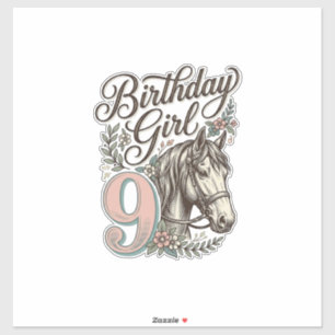 Pegatina Chica Cumpleaños 9 Caballo Floral Grabado Vintage 