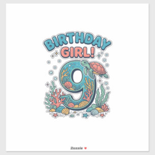 Pegatina Chica Cumpleaños 9 Tortuga Oceánica Diseño Vectori