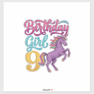 Pegatina Chica Cumpleaños 9 Unicornio Diseño de Grabado Vin