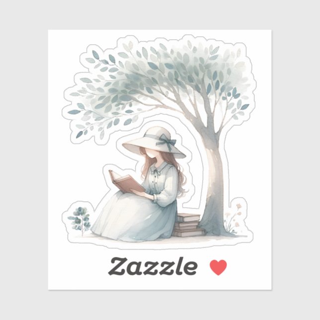 Pegatina Chica de acuarela estética leyendo un amante del l (Hoja)