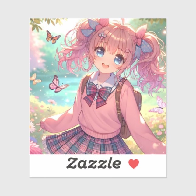 Pegatina Chica de anime bonito en cócteles rosados (Hoja)