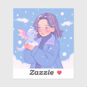 Pegatina Chica de anime de Kawaii con bebé dragón en nieve 
