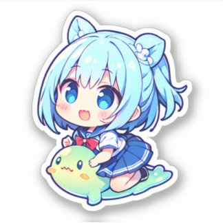 Pegatina chica de chibi lindo con slime