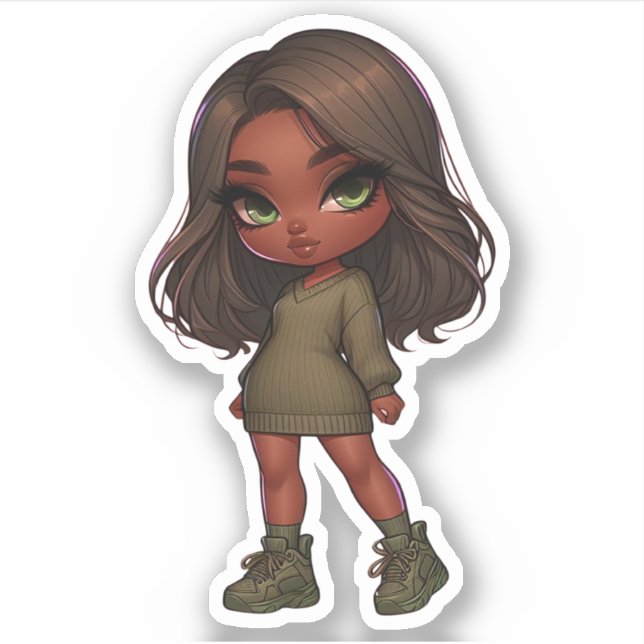 Pegatina chica de chibi lindo en verde oliva (Anverso)