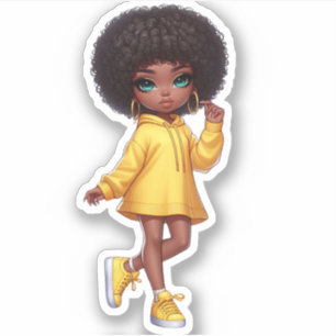 Pegatina Chica de chibi negro de color afro/amarillo