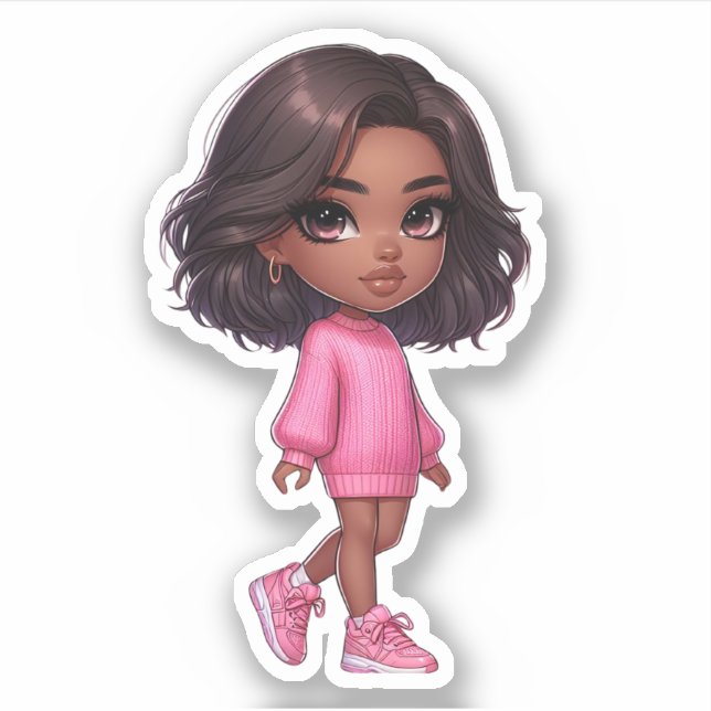 Pegatina chica de chibi negro rosa bonito (Anverso)