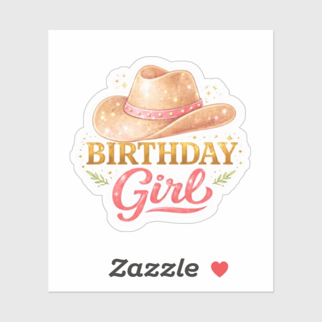 Pegatina Chica de Cumpleaños con Sombrero de Vaquera (Hoja)