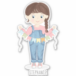Pegatina Chica de cumpleaños en Overalls Brunette