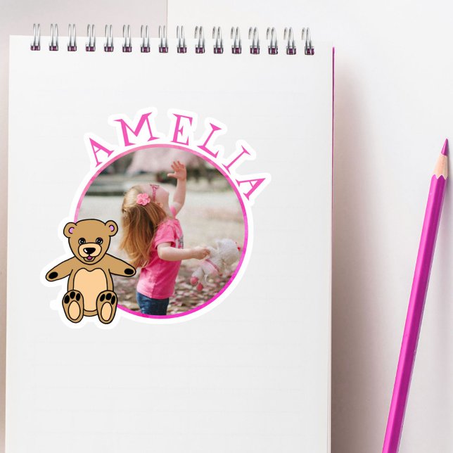 Pegatina Chica de foto y nombre rosa de oso de peluche (Subido por el creador)