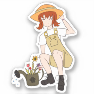 Pegatina Chica de jardinería con pelo marrón florido