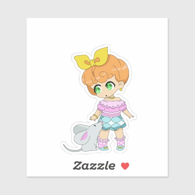 Pegatina Chica de Kawaii con amigo del ratón (Hoja)