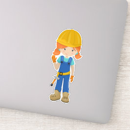 Pegatina Chica de la construcción, pelo Naranja, Chica pequ