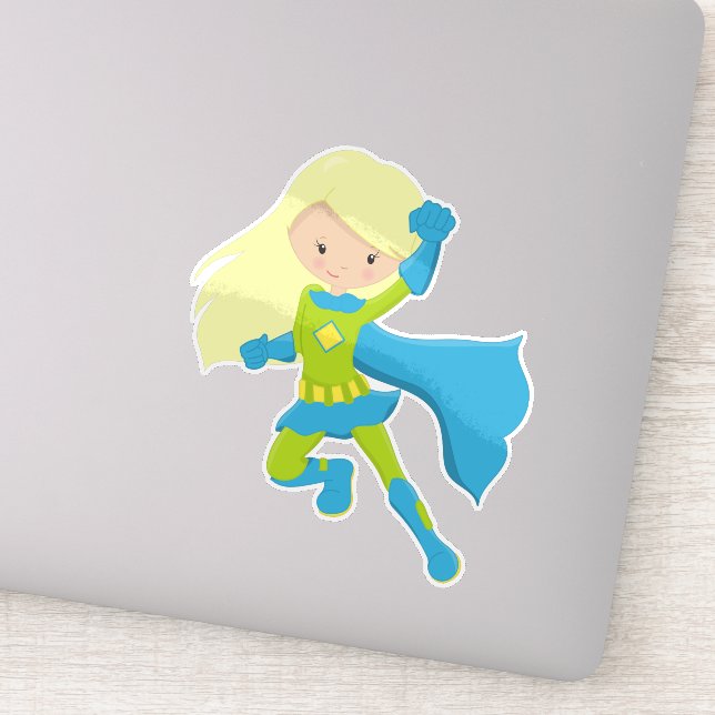 Pegatina Chica de superhéroes, Chica Cute, pelo rubio, cabo (Detalle)