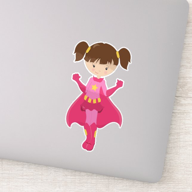 Pegatina Chica de superhéroes, pelo pardo, cabo rosado, Chi (Detalle)
