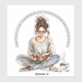 Pegatina Chica disfrutando de un libro con café, evitando