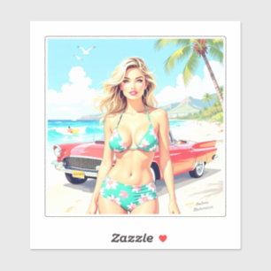 Pegatina Chica en la playa con un coche clásico