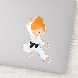 Pegatina Chica Karate, Chica Cute, pelo Naranja, cinturón n