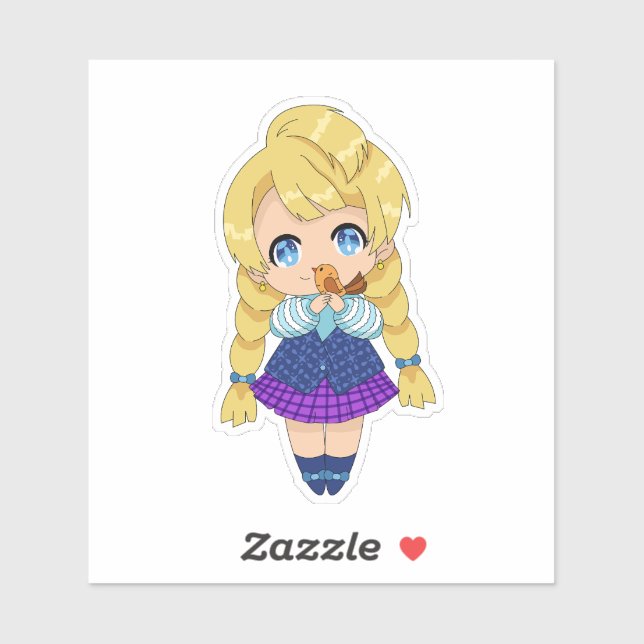 Pegatina Chica Kawaii con pájaro (Hoja)