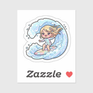 Pegatina Chica Kawaii de Surf Océano Ola Verano Playa S