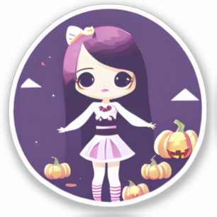 Pegatina Chica Kawaii Linda con Calabazas Halloween