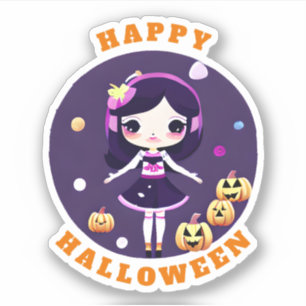 Pegatina Chica Kawaii Linda con Calabazas Halloween