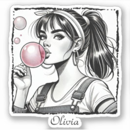 Pegatina Chica linda burbuja rosa, diversión de cómic, negr