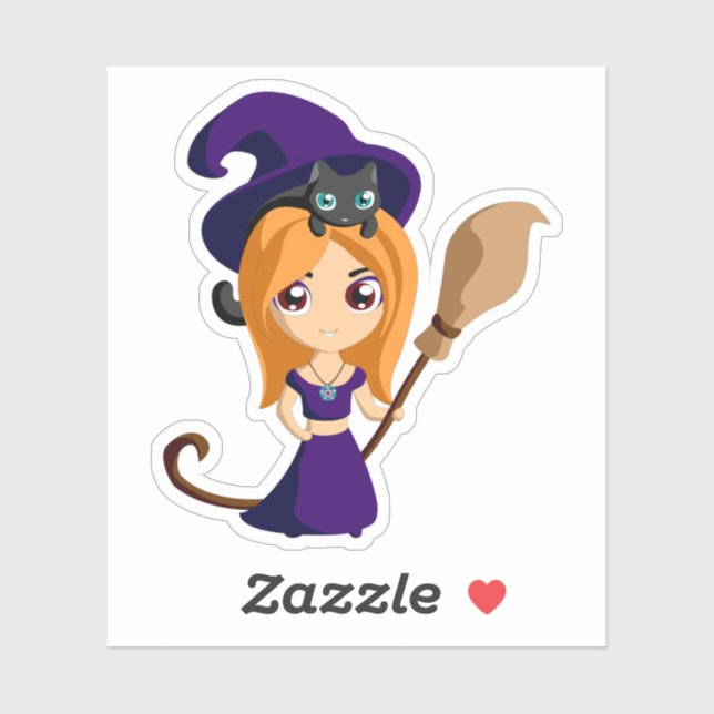Pegatina chica lindo con bruja gata (Hoja)