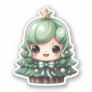 Pegatina Chica lindo sonriente árbol de Navidad verde kawai