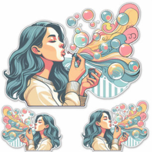 Pegatina chica lindo soplando burbujas personalizado arte i