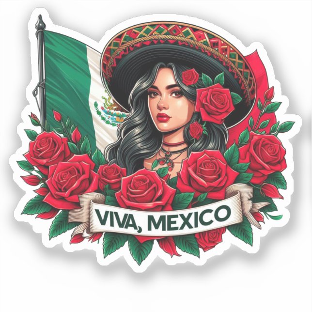 Pegatina Chica mexicano Viva ilustracion de arte con bander (Anverso)